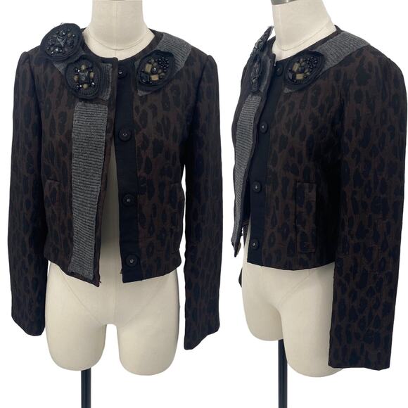 BCBGMaxAzria Jackets & Blazers - BCBGMAXAZRIA Blazer Convertible Jeweled Pins Wool Knit Trim Leopard Womens XS